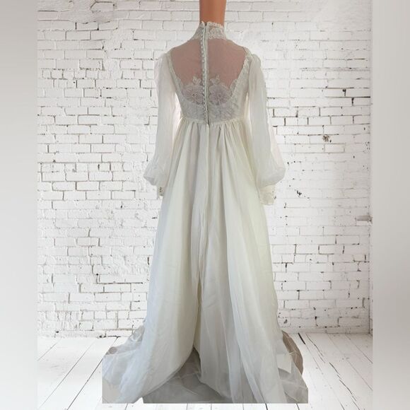 Vntg. Alfred Angelo Chiffon Wedding Dress High Neck Long Sleeves Bridal Gown - Picture 8 of 16